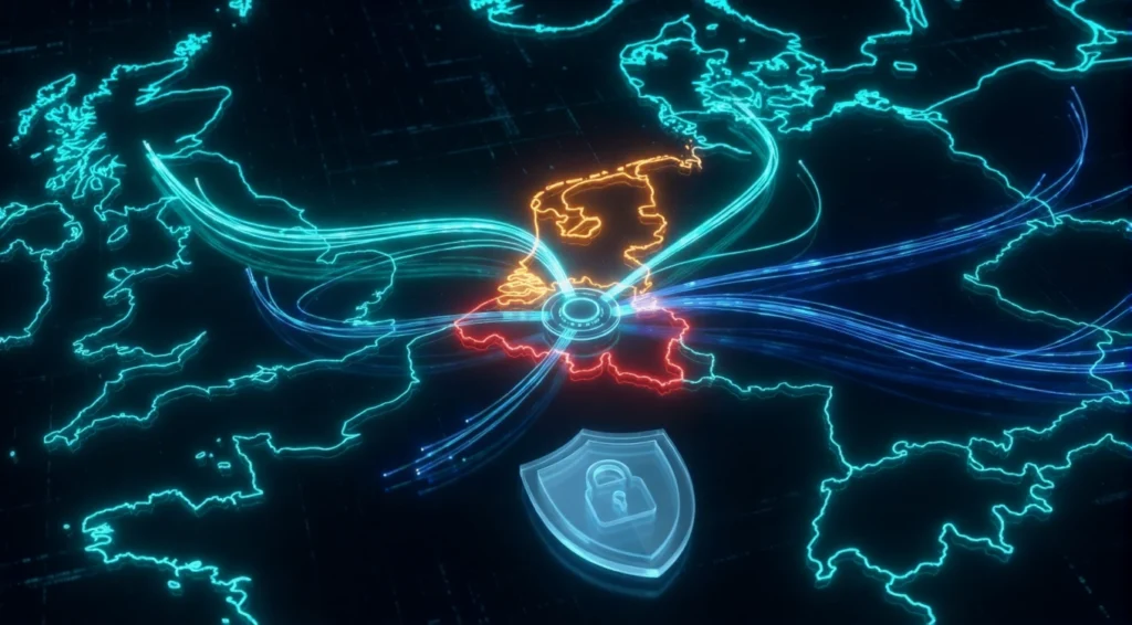 Digitale kaart van Nederland en België met beveiligde dataverbindingen voor iptv abonnement nederland en iptv belgië, geschikt voor ip tv kijken via betrouwbare iptv aanbieder
