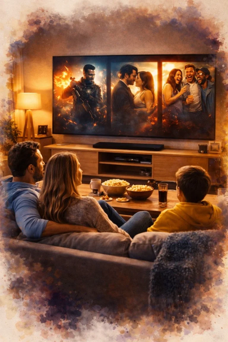 Gezin dat thuis films en series kijkt via iptv met abonnement op een smart tv met warme sfeer en premium streaming ervaring