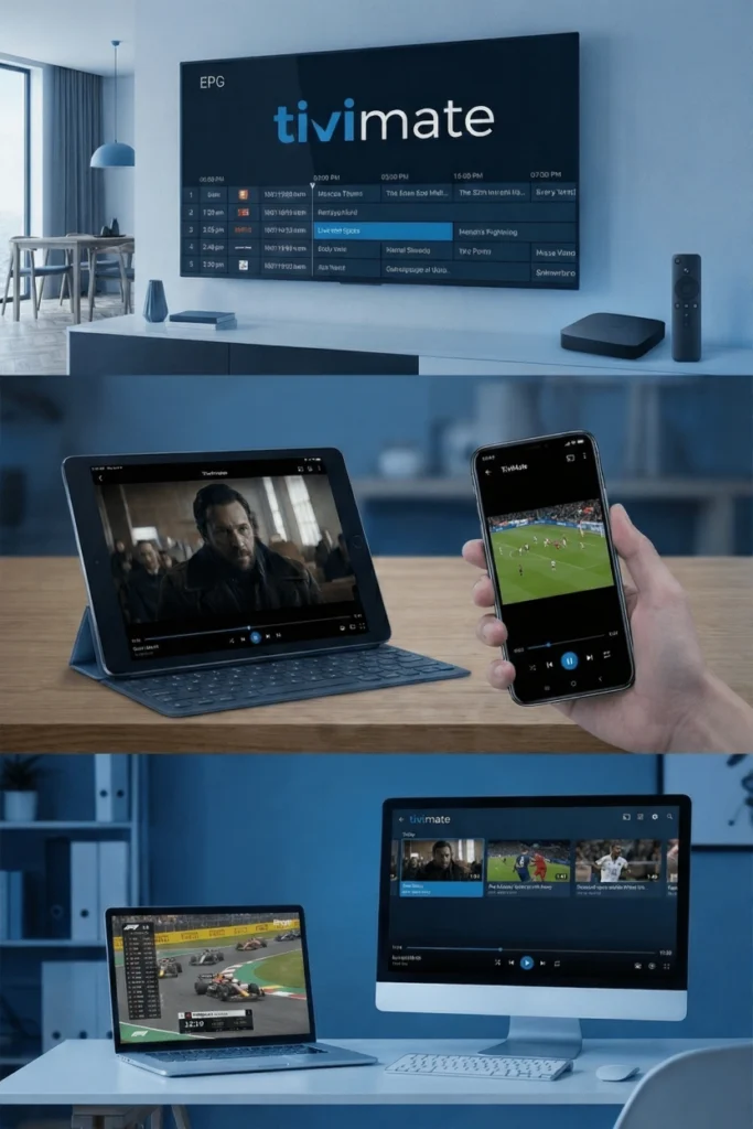 TiviMate IPTV player met iptv abonnement te gebruiken op smart tv, tablet, smartphone en computer voor iptv kijken in Nederland en België
