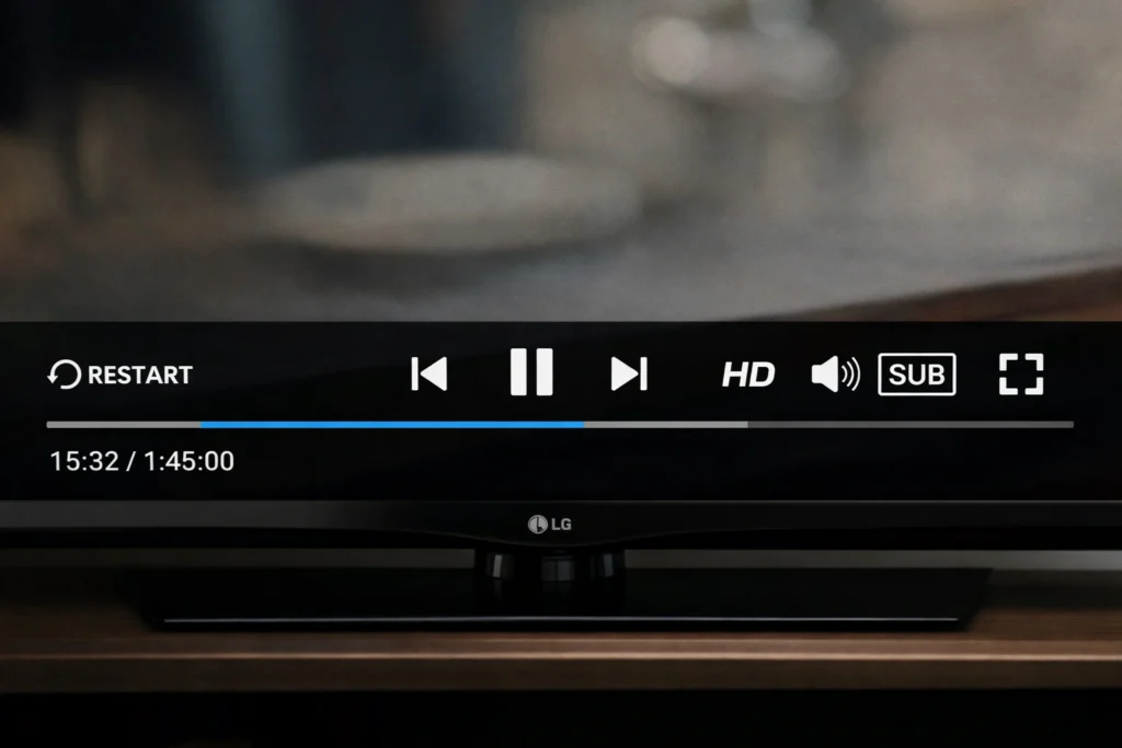 De afspeelbalk van Smarters Pro op LG TV. Het CC-icoon zit rechts naast de volumeregelaar. Op sommige versies staat er SUB in plaats van CC.