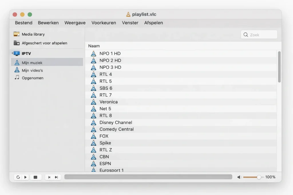De afspeellijstweergave in VLC op Mac na het laden van een M3U-link. Navigeer via Beeld, Afspeellijst om alle beschikbare zenders te zien.