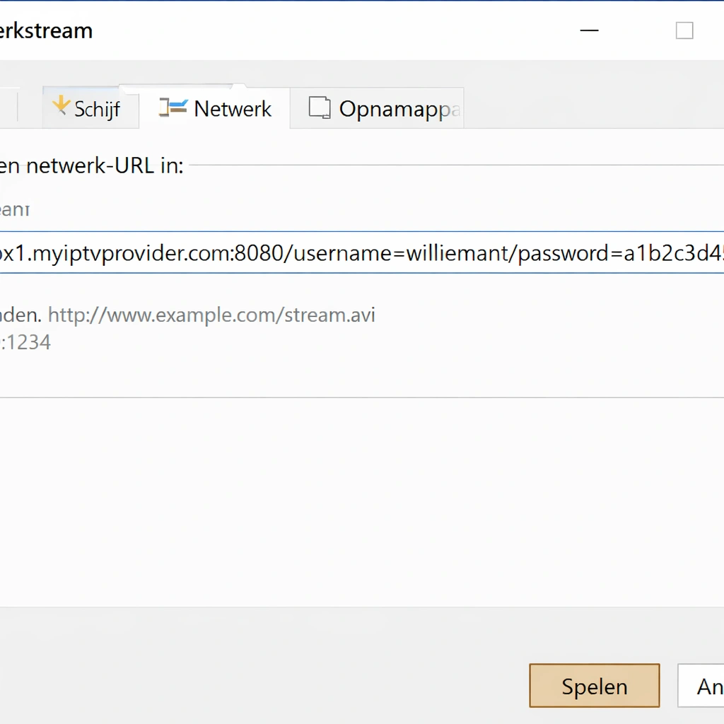  Het Netwerkstream venster in VLC op Windows. Plak de volledige M3U-link inclusief gebruikersnaam en wachtwoord als die in de URL verwerkt zijn.