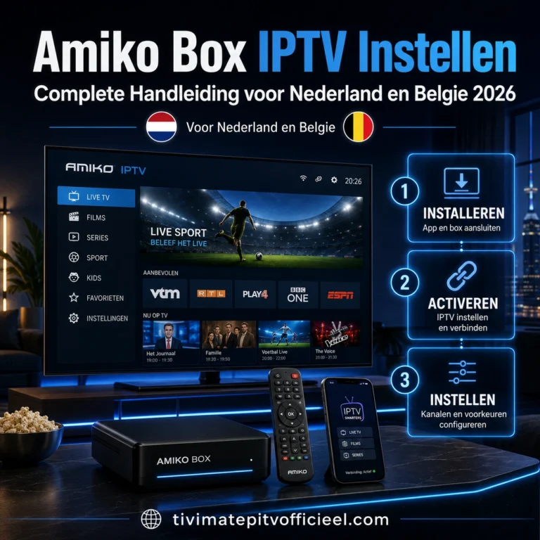 Amiko Box IPTV instellen in Nederland en België 2026 met installatiegids, activatie en instellingen, inclusief watermark tivimatepitvofficieel.com.