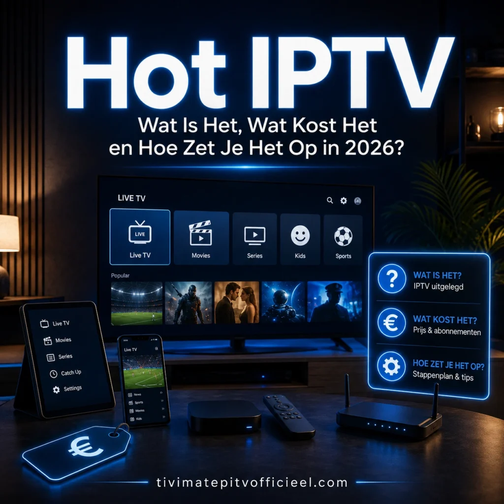 Cinematische afbeelding over Hot IPTV in 2026 met uitleg over wat IPTV is, kosten, installatie en streaming op tv, smartphone en tablet met watermark tivimatepitvofficieel.com.
