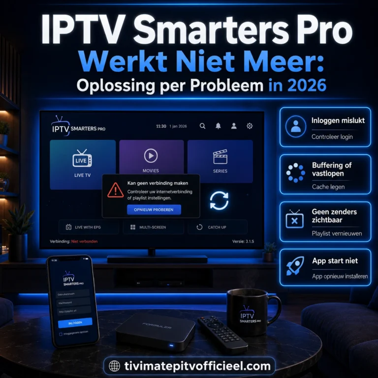 IPTV Smarters Pro werkt niet meer in 2026 met oplossingen voor buffering, login en zenderproblemen, inclusief watermark tivimatepitvofficieel.com.