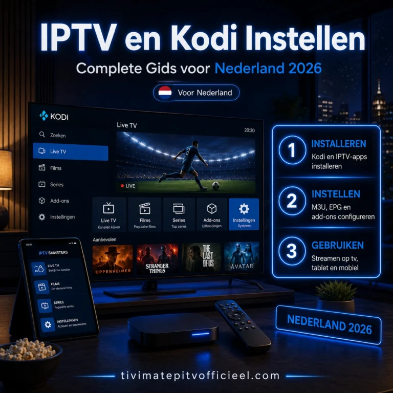 Cinematische afbeelding over IPTV en Kodi instellen in Nederland 2026 met Kodi interface op smart tv, stappen voor installeren en configureren, inclusief watermark tivimatepitvofficieel.com.