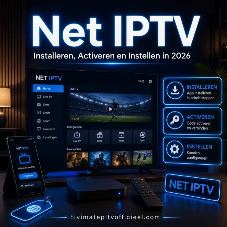 Net IPTV installeren en activeren in 2026 op smart tv en mobiele apparaten met watermark tivimatepitvofficieel.com.