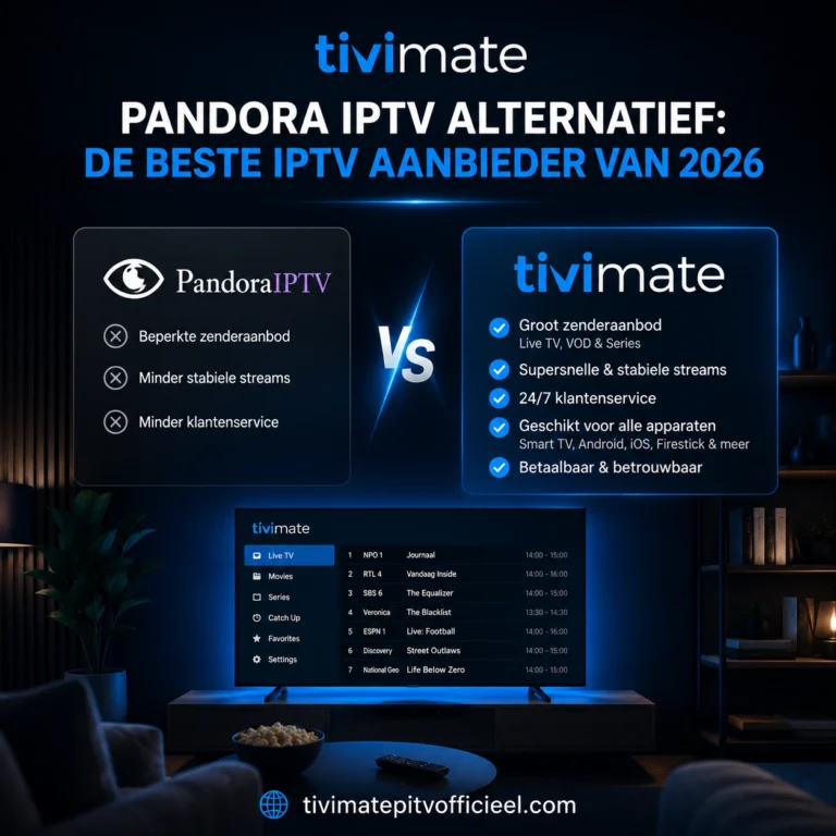 Cinematische 1:1 afbeelding van Pandora IPTV Alternatief 2026 met Tivimate als beste IPTV aanbieder, inclusief vergelijking van functies en watermark tivimatepitvofficieel.com.